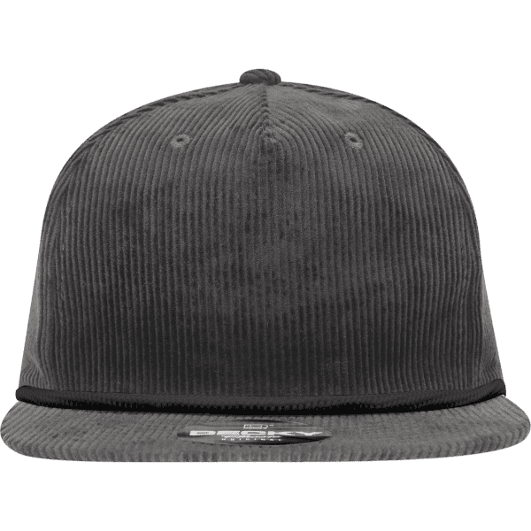 A grey corduroy 5 Panel High Profile Relaxed Rope Hat with a branded logo.