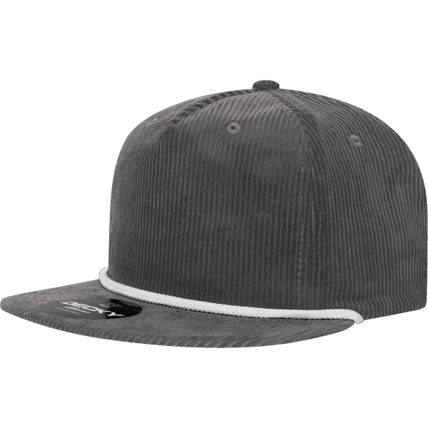 A grey corduroy cap featuring a high profile and a white rope detail along the brim, with a logo on the front.