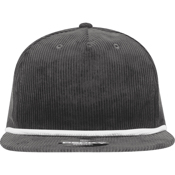 A high-profile, relaxed grey corduroy hat featuring a white rope detail and a logo on the front.