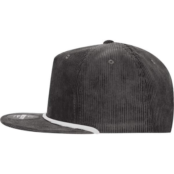 A black corduroy 5 panel high profile relaxed rope hat with a curved brim and a logo.