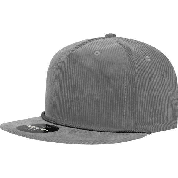 A grey corduroy five-panel high profile relaxed rope hat with a branded logo on the front.
