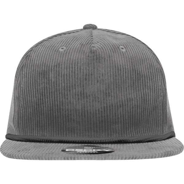 A high-profile, relaxed rope hat in grey corduroy, featuring a branding logo on the front.