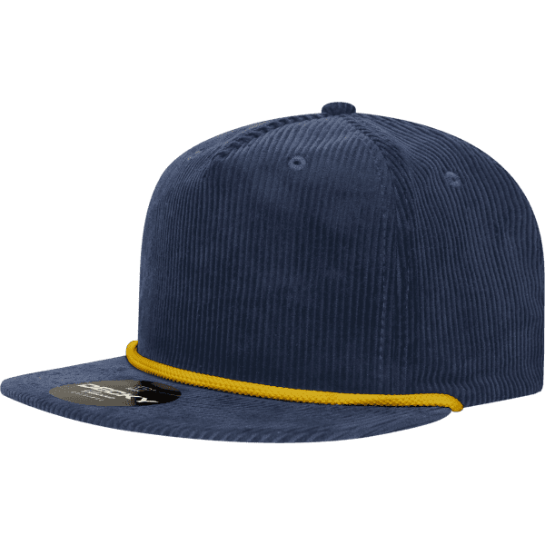 A high-profile relaxed rope hat in navy with a yellow rope detail along the brim. Features a simple logo.