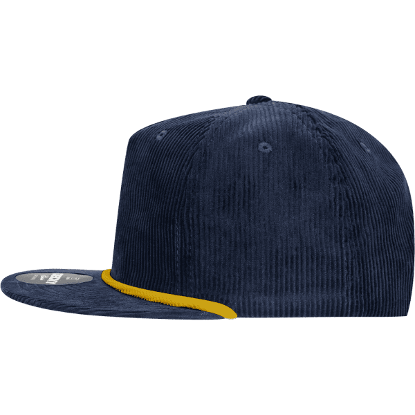 A navy blue 5 panel high profile relaxed rope hat with a yellow trim and a logo on the front.