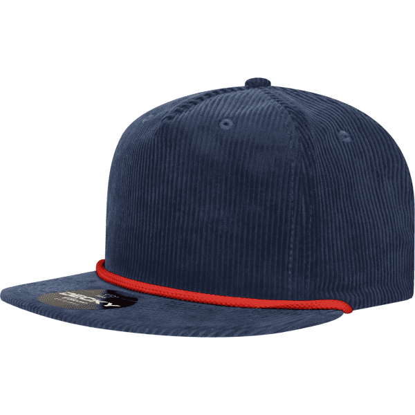 A navy five-panel high profile relaxed rope hat with a red rope detail and a branded patch on the front.