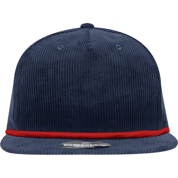 A high profile, relaxed rope hat in navy blue with a red rope detail and a logo on the front.