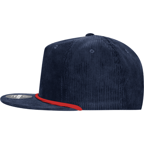 A navy blue high-profile relaxed rope hat with a red stripe and a logo on the front.