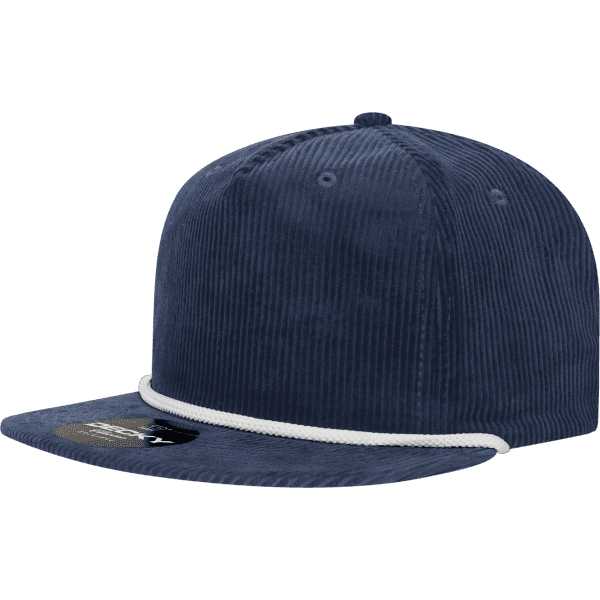 A navy blue, 5-panel high-profile relaxed rope hat with a textured corduroy finish and a logo.