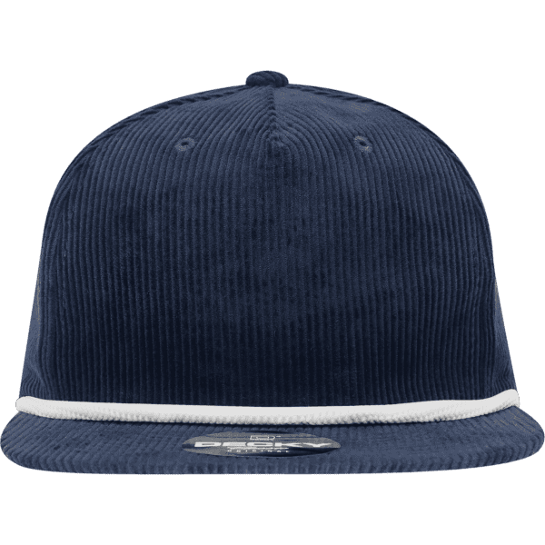 A high-profile, relaxed navy corduroy hat with a white rope detail and a logo on the front.
