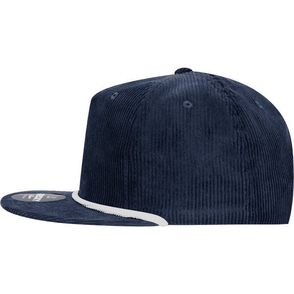 A navy blue 5 Panel High Profile Relaxed Rope Hat with a corduroy texture and a branded patch on the front.