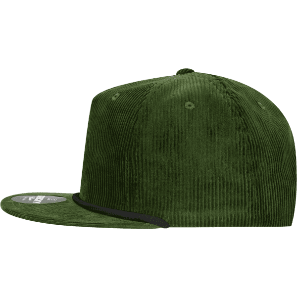 A high-profile relaxed rope hat in dark green corduroy with a curved brim and a logo on the front.