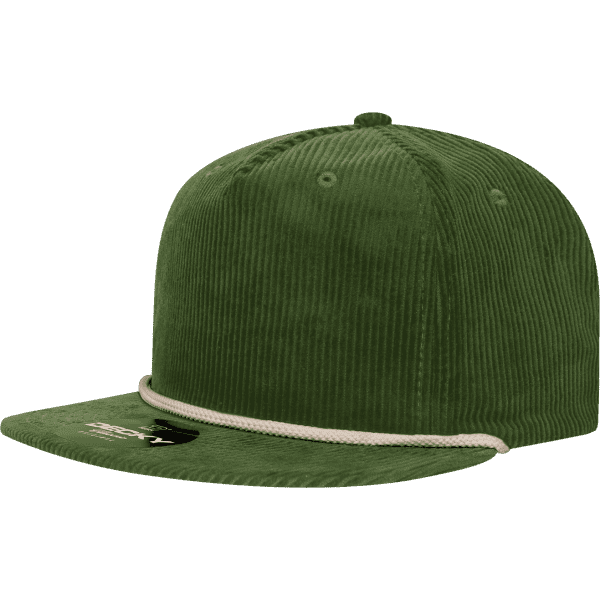 A green corduroy hat with a high profile and relaxed fit, featuring a decorative rope band and a logo.