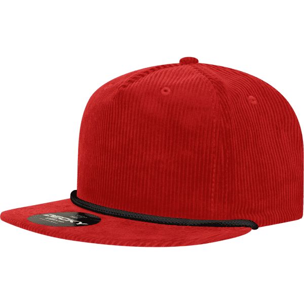 A red 5 panel high profile relaxed rope hat with a black rope detail and a logo on the front.