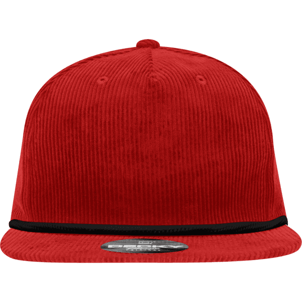A red 5 panel high profile relaxed rope hat featuring a textured fabric and a contrasting black rope detail.