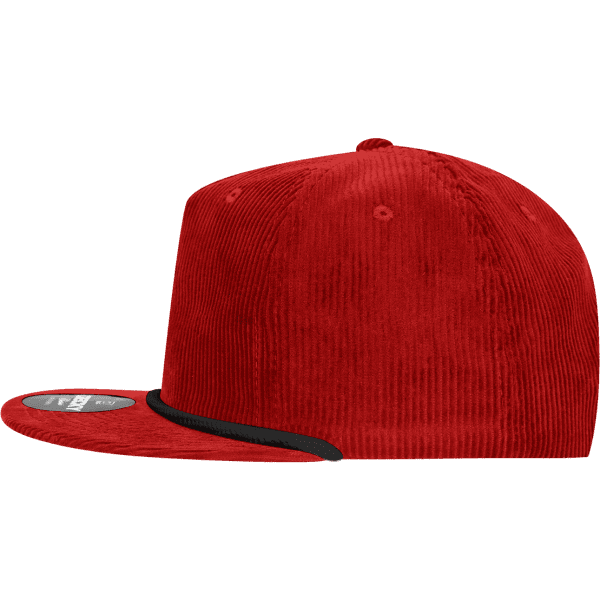A red, five-panel high profile relaxed rope hat with a black brim and a logo on the side.