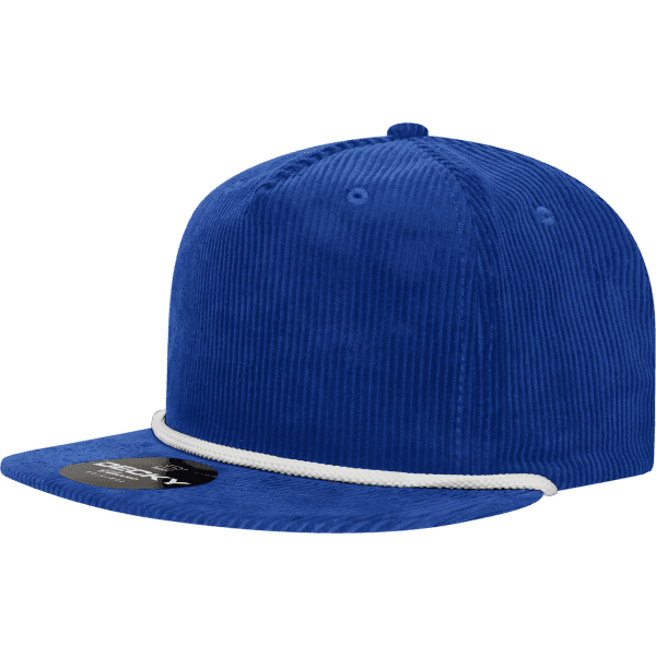 A blue 5 Panel High Profile Relaxed Rope Hat with a corduroy texture and a decorative rope detail.