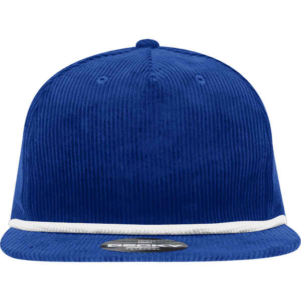 A blue corduroy 5 Panel High Profile Relaxed Rope Hat with a white trim and a logo on the front.