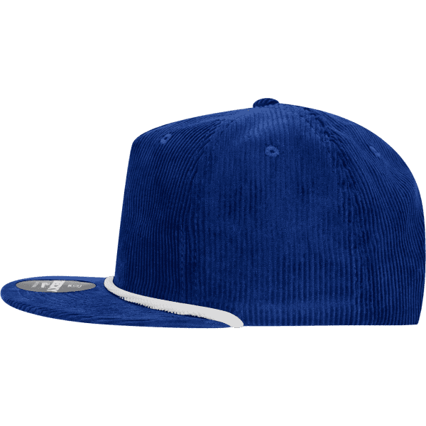 A blue corduroy 5 Panel High Profile Relaxed Rope Hat with a white trim and a logo.