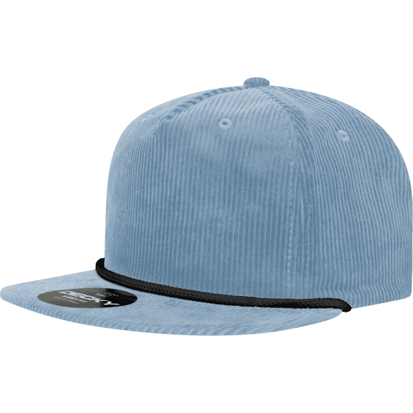 A blue, corduroy, 5-panel high profile relaxed rope hat with a black trim and a small logo.