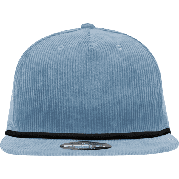 A blue corduroy high-profile relaxed rope hat with a black trim and a branded label.