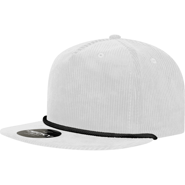 A white high-profile relaxed rope hat with a black braided band and a branded badge on the front.