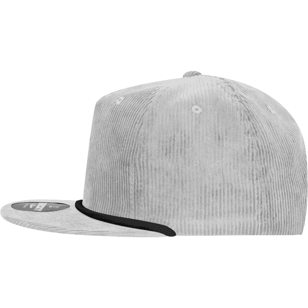 A grey 5-panel high profile relaxed rope hat with a black brim and a logo.