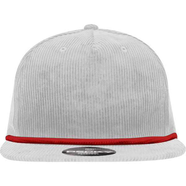 A white 5 panel high profile relaxed rope hat with a red accent and a logo on the front.