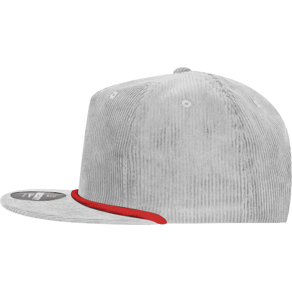 A grey corduroy hat with a red trim and a logo on the front, featuring a high-profile design.