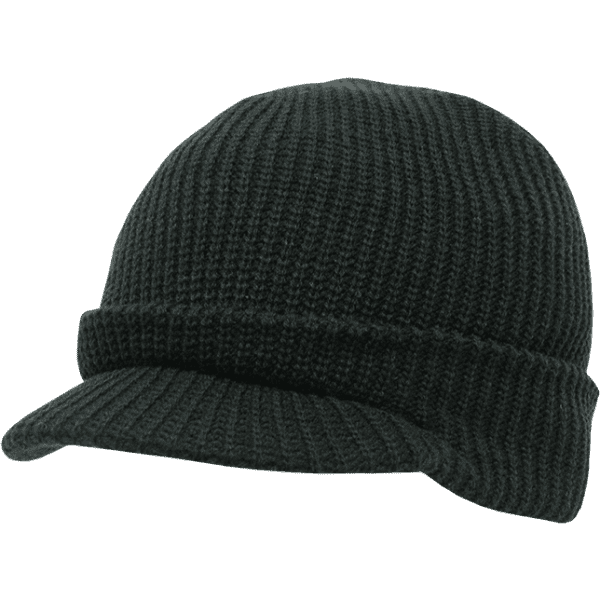 A dark green knitted hat with a visor, featuring a ribbed texture and a snug fit.