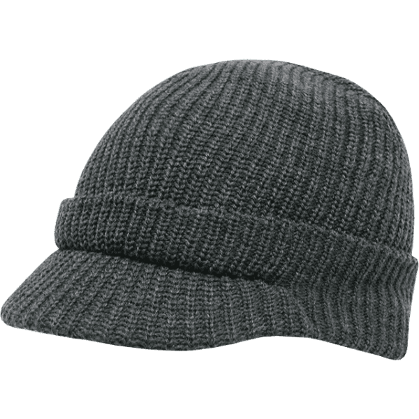 A grey knitted hat with a rounded crown and a short, curved brim. It has a textured design and a snug fit.