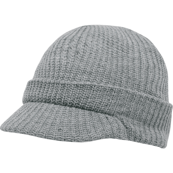 A grey knitted cap with a small brim and textured pattern, featuring a branding logo.