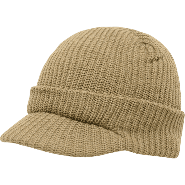 A tan knitted cap with a short brim and textured pattern. It features a rounded top and a fold at the base.