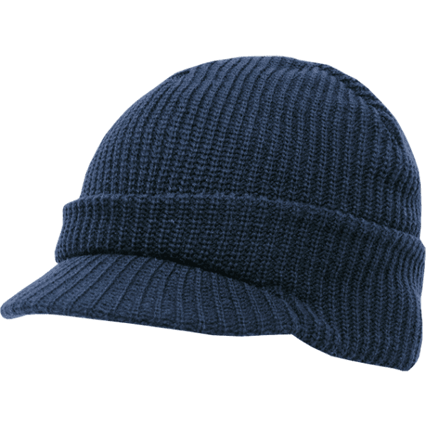 A knitted navy blue beanie with a visor, featuring a ribbed texture and a snug fit.