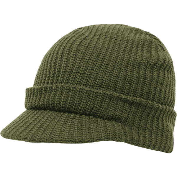 A green knit cap with a flat brim and a textured design, featuring a rolled band at the base.