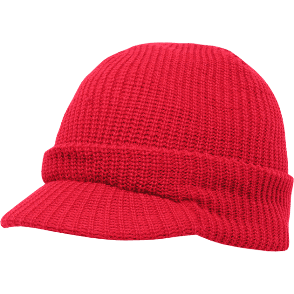 A red knitted cap with a visor, featuring a textured design and a folded brim.
