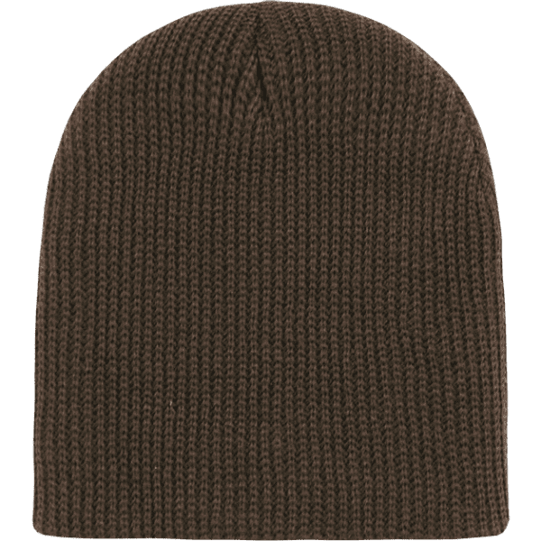 A brown knitted beanie with a ribbed texture and a rounded crown, featuring a logo.