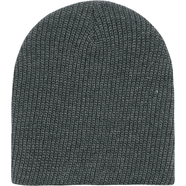 A grey cuffless watch cap with a textured knit design, featuring a logo.