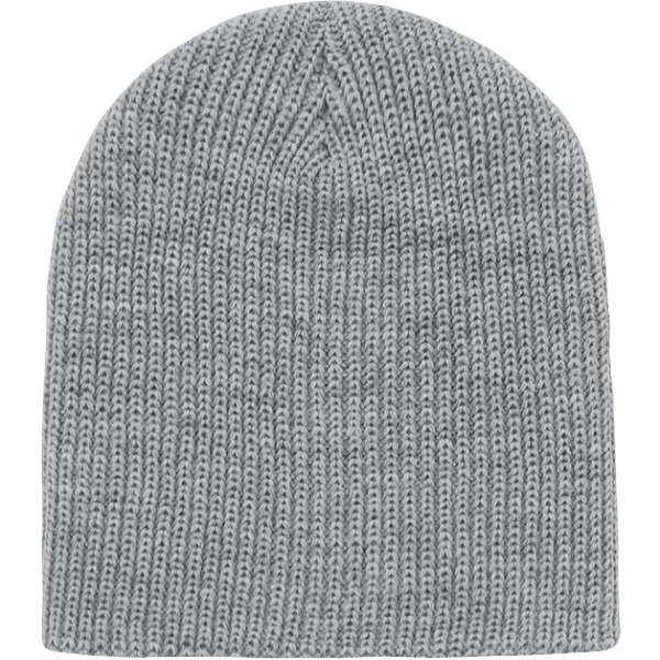 A grey knit beanie with a ribbed texture, designed as a cuffless watch cap.