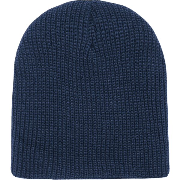 A cuffless watch cap in a deep navy blue, featuring a textured knit design and a branding logo.