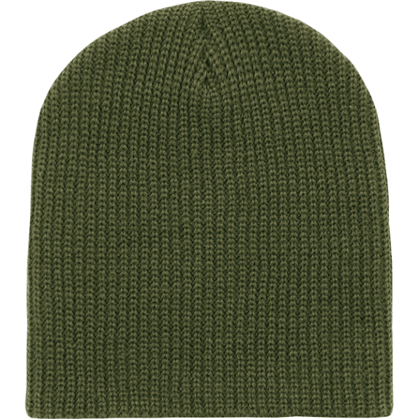 A cuffless watch cap in a deep olive green shade, featuring a knitted texture. It has a logo on the inside.