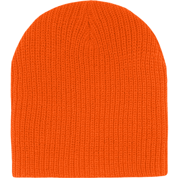 An orange cuffless watch cap with a textured knit pattern, featuring a logo on the side.
