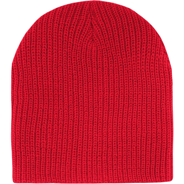 A red beanie hat with a ribbed texture, featuring a logo on the side.