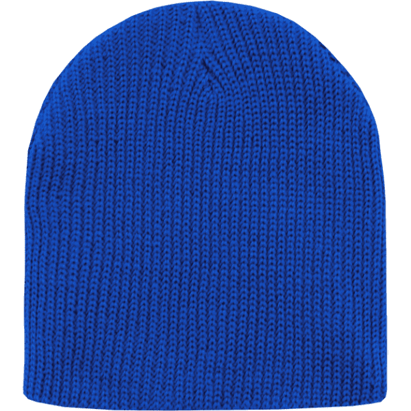 A blue cuffless watch cap, featuring a knitted texture and a rounded top. It has a logo on it.
