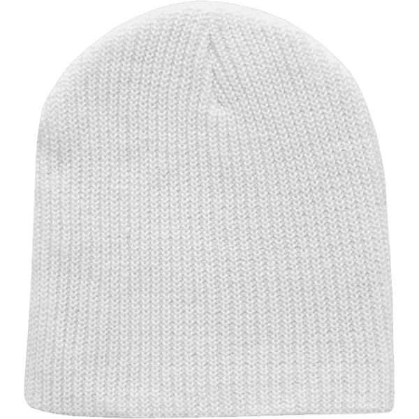 A white cuffless watch cap made from a knit fabric, featuring a simple design and texture.