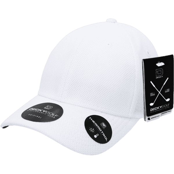 A white Pique Pattern L/C Flex Cap featuring a textured design and branded tags.