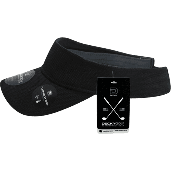 A black pique patterned sun visor with a logo and attached tag. The visor features a curved brim and adjustable fit.