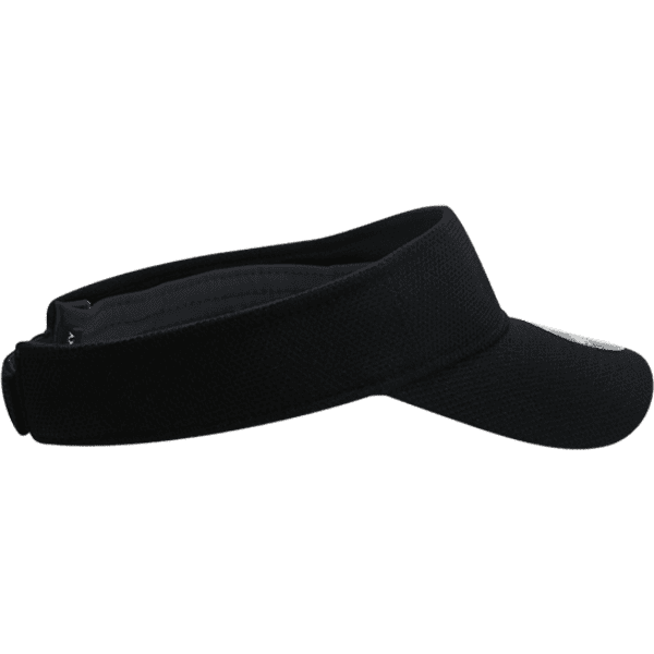 A black sun visor features a pique pattern and a branded logo on the front. The visor has an adjustable strap.