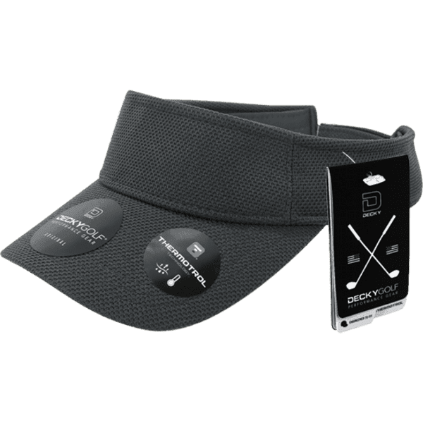 A black Pique Pattern Visor with textured fabric, featuring a logo and promotional tags attached.