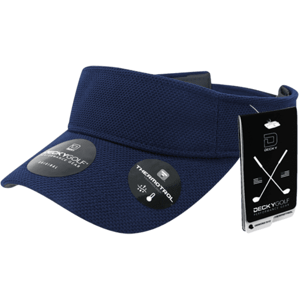 A dark navy visor with a textured pique pattern and tags featuring logos and branding.