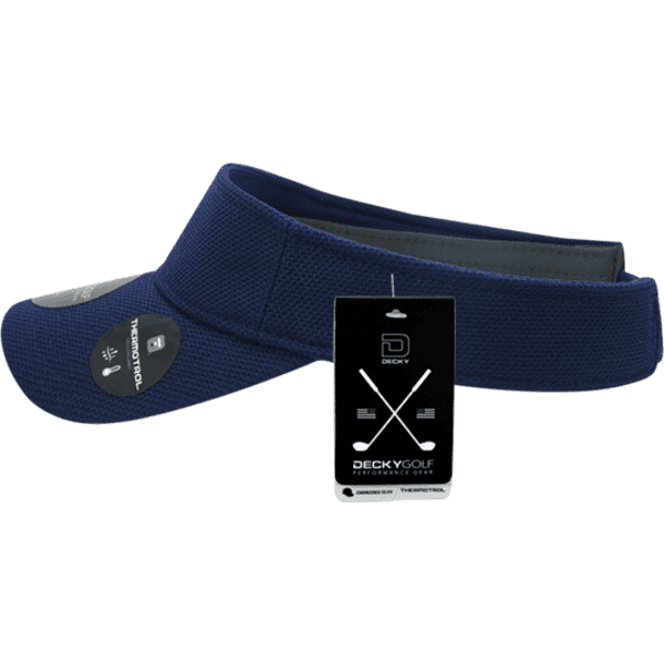 A navy blue sun visor with a patterned design and a tag featuring a logo.